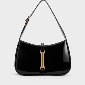 Charles & Keith Black Patent Shoulder Bag with Gold Detail